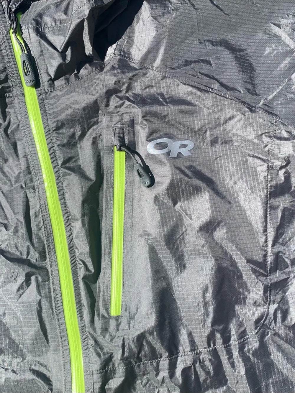 Outdoor Research Men’s Helium II Jacket in gray w/ neon yellow full zip Sz XL